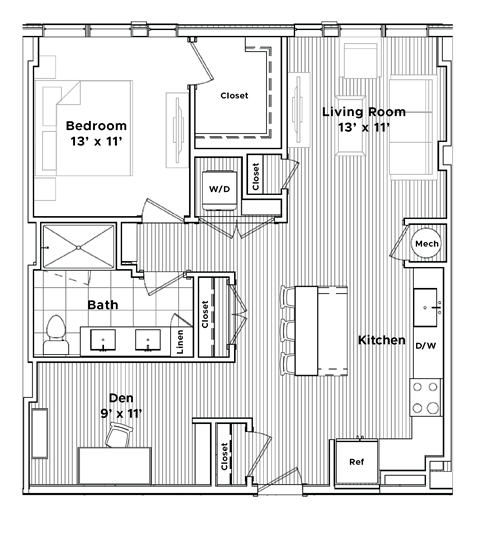 Floor plan for 1 bed, 1 bath, 884 sqft